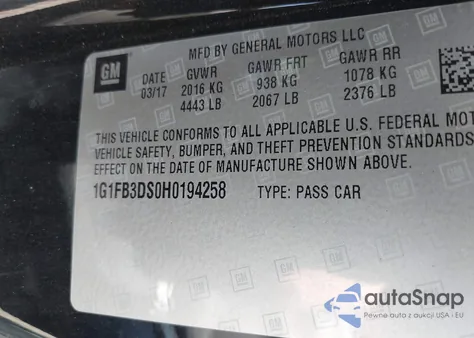 2017 Chevrolet Camaro 1Lt from USA, damaged, VIN 1G1FB3DS0H0194258